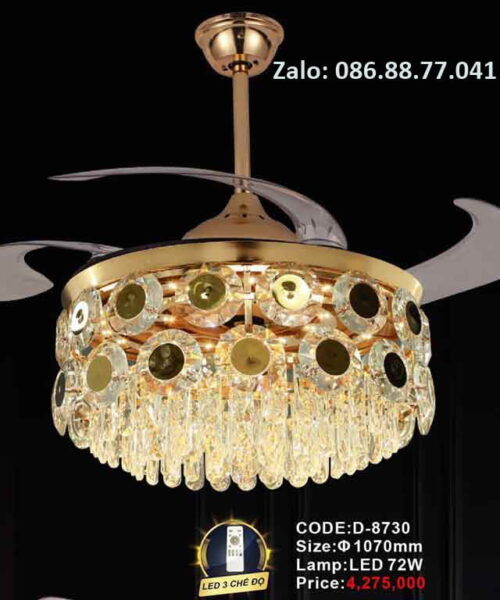 Mã sản phẩm: D-8730 Thiết kế: Quạt trần đèn trang trí Kích thước : Ø1070mm Nguồn sáng: LED 72W 3 chế độ ánh sáng Chất liệu: Thân quạt hợp kim sơn tĩnh điện, pha lê