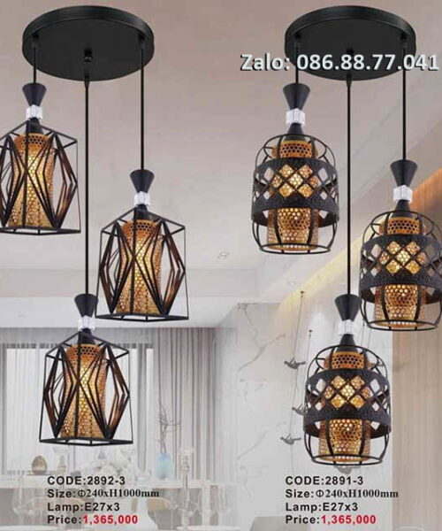 Mã sản phẩm: 2891-3 ; 2892-3 Thiết kế: Đèn thả trang trí Kích thước :  Ø240xH1000mm Nguồn sáng: bóng đèn LED E27x3 Chất liệu: hợp kim sơn tĩnh điện, thủy tinh cao cấp