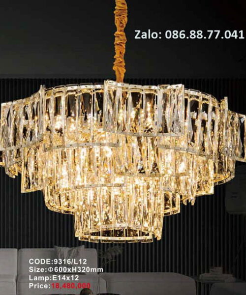 Tên sản phẩm: Đèn thà pha lê trang trí Mã sản phẩm:  9316/L12 Kích thước: Ø600xH320mm Nguồn sáng: Lamp E14x12 Chất liệu: Hợp kim, Pha lê cao cấp loại 1