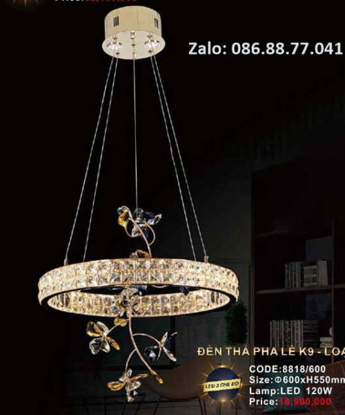 Tên sản phẩm: Đèn thà pha lê Mã hàng:  8818/600 Kích thước: Ø600xH550mm Nguồn sáng: Lamp LED 120W Chất liệu: Hợp kim, Pha lê K9 cao cấp loại 1