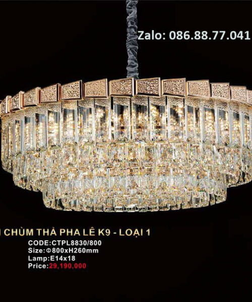 Tên sản phẩm: Đèn thà pha lê Mã hàng:  CTPL8830/800 Kích thước: Ø800xH260mm Nguồn sáng: Lamp LED E14x18 Chất liệu: Hợp kim, Pha lê K9 cao cấp loại 1
