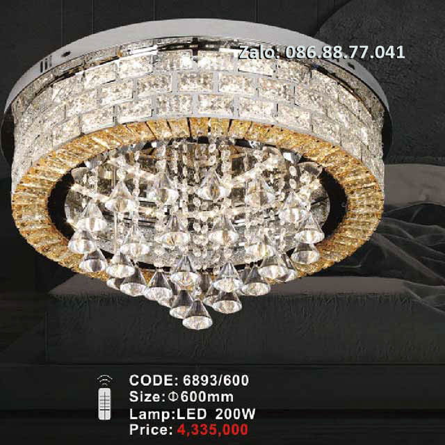 Mã sản phẩm:  6893/600 Thiết kế: Đèn mâm ốp trần Kích thước: 600mm  Nguồn sáng : Lamp Led 200W  Chất liệu: hợp kim sơn tĩnh điện, thủy tinh cao cấp Chiếu sáng phòng khách, phòng ngủ, nhà hàng, khách sạn...